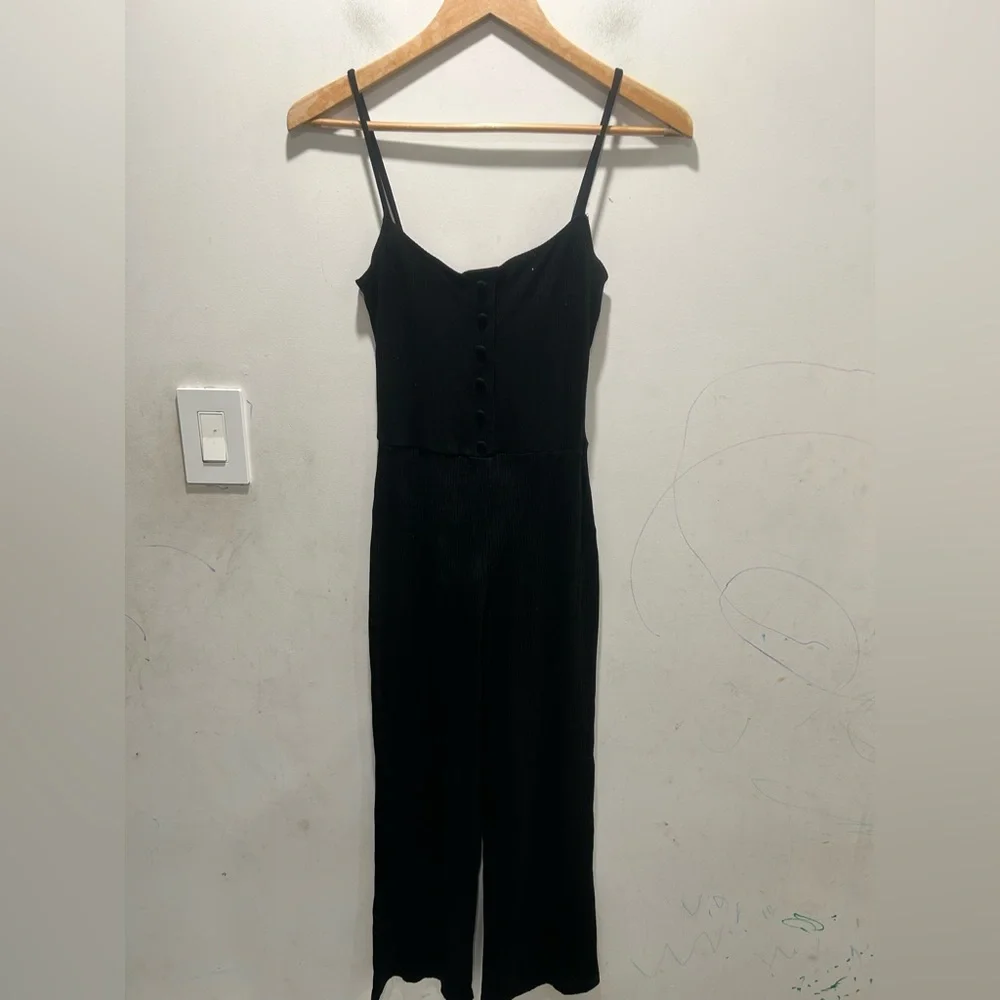 Reformation Ribbed Phoebe Button Black Jumpsuit